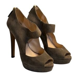 Prada Pumps Gray Suede Peep Toe Platform Mary Jane Y2K Stiletto Heels 38.5